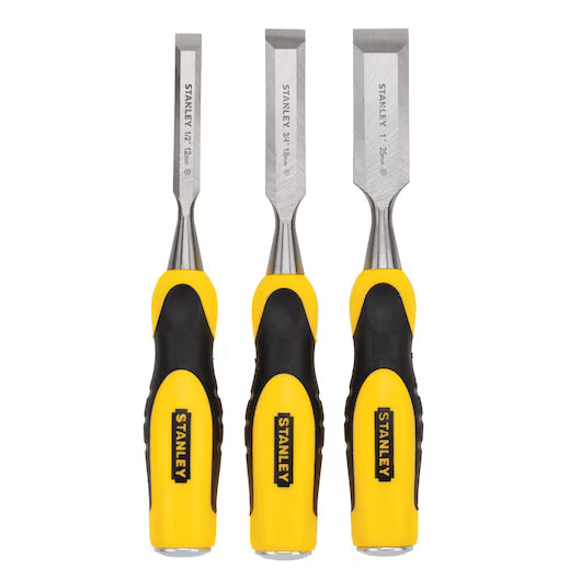 The STANLEY WOOD CHISEL SET (3 PC) features three chisels with yellow and black handles, each upright to display varied blade widths, hardened steel blades, and the STANLEY logo on every handle.